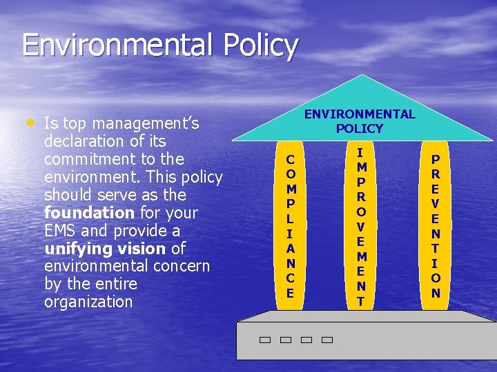Environmental Policy ENVIRONMENTAL POLICY • Is top management’s declaration of its commitment to the