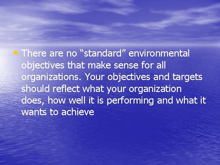  • There are no “standard” environmental objectives that make sense for all organizations.