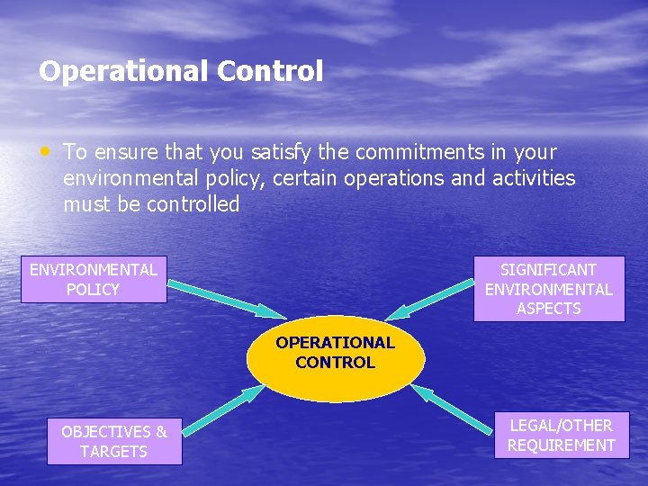 Operational Control • To ensure that you satisfy the commitments in your environmental policy,