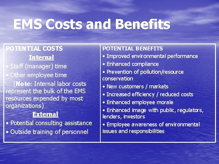 EMS Costs and Benefits POTENTIAL COSTS Internal • Staff (manager) time • Other employee