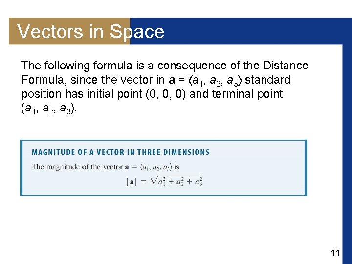 Vectors in Space The following formula is a consequence of the Distance Formula, since