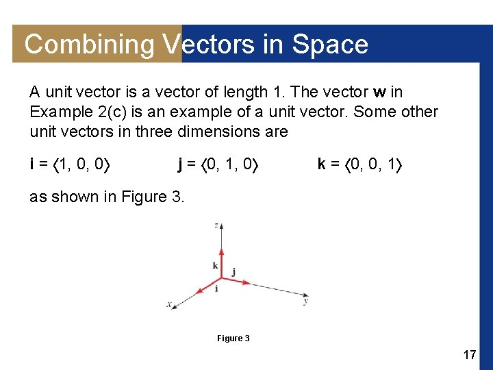 Combining Vectors in Space A unit vector is a vector of length 1. The