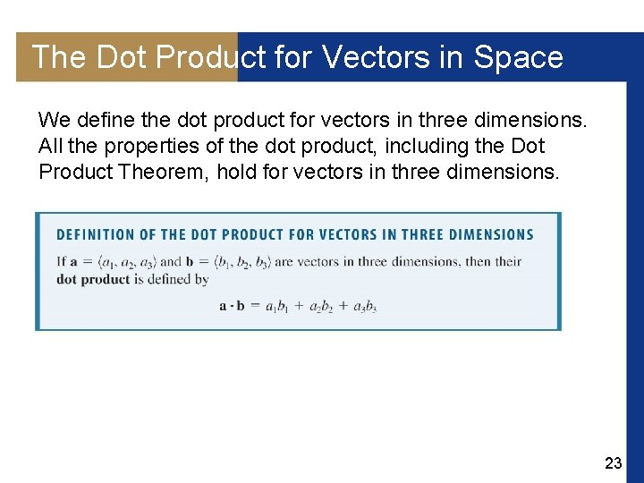 The Dot Product for Vectors in Space We define the dot product for vectors