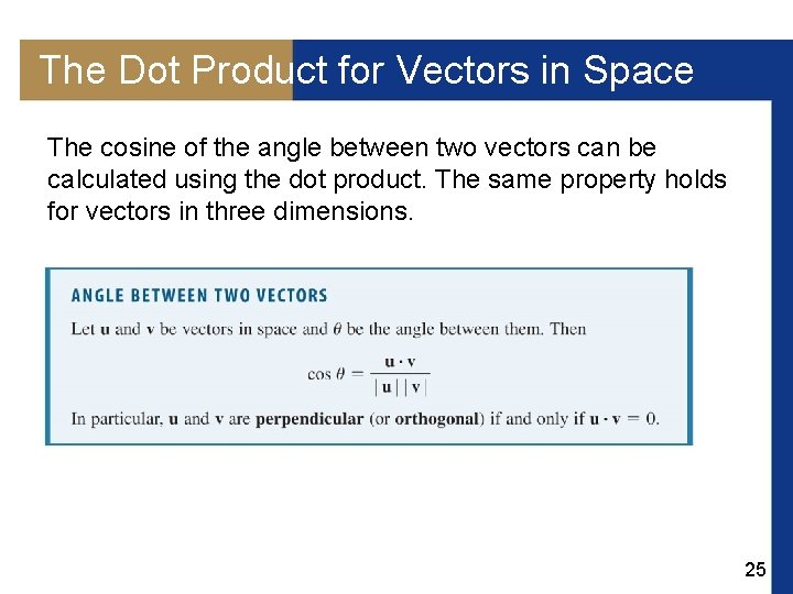 The Dot Product for Vectors in Space The cosine of the angle between two