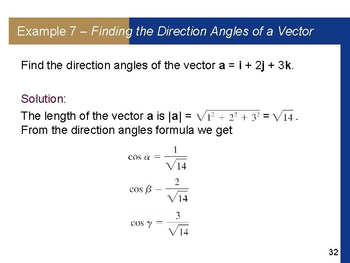 Example 7 – Finding the Direction Angles of a Vector Find the direction angles