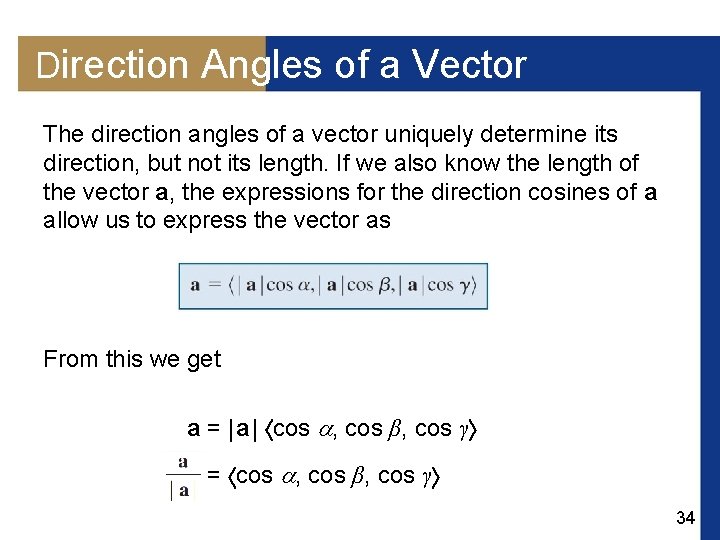 Direction Angles of a Vector The direction angles of a vector uniquely determine its