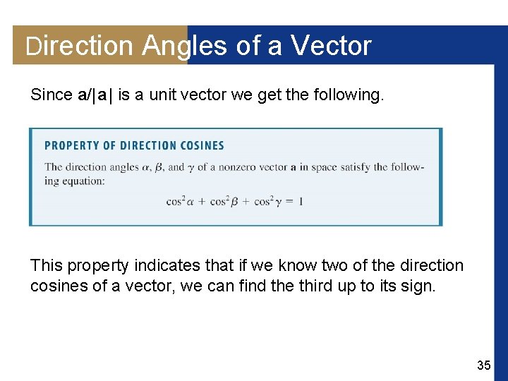 Direction Angles of a Vector Since a/| a | is a unit vector we