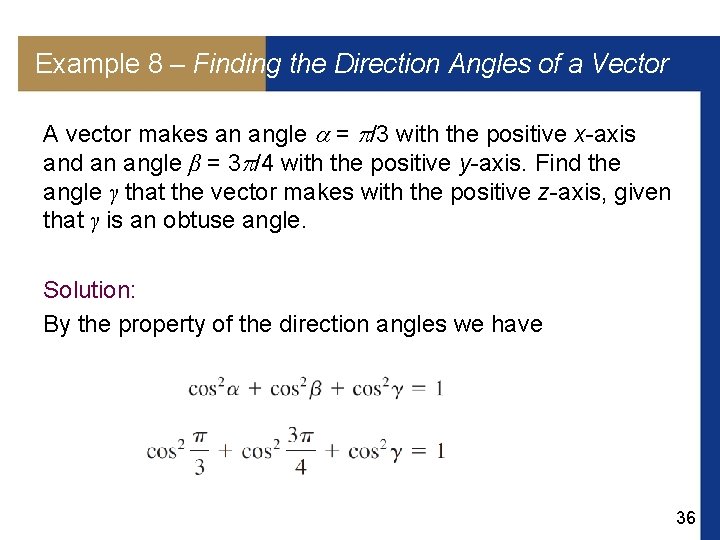 Example 8 – Finding the Direction Angles of a Vector A vector makes an