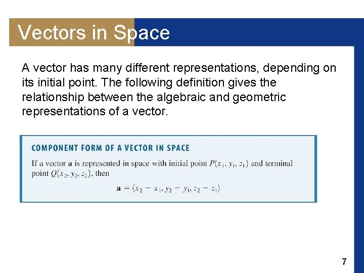 Vectors in Space A vector has many different representations, depending on its initial point.