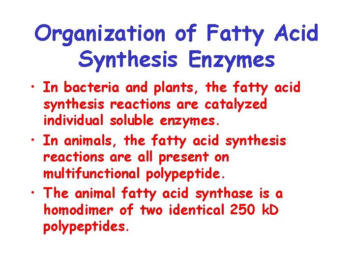 Organization of Fatty Acid Synthesis Enzymes • In bacteria and plants, the fatty acid Organization of Fatty Acid Synthesis Enzymes • In bacteria and plants, the fatty acid