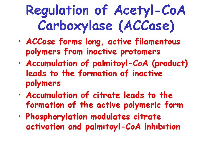 Regulation of Acetyl-Co. A Carboxylase (ACCase) • ACCase forms long, active filamentous polymers from
