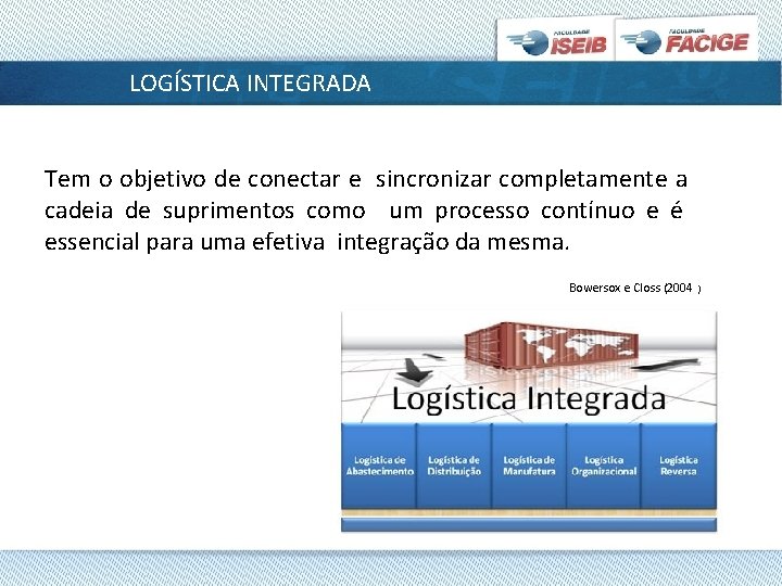 LOGÍSTICA INTEGRADA Tem o objetivo de conectar e sincronizar completamente a cadeia de suprimentos