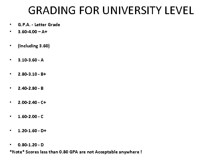 GRADING FOR UNIVERSITY LEVEL • • G. P. A. - Letter Grade 3. 60