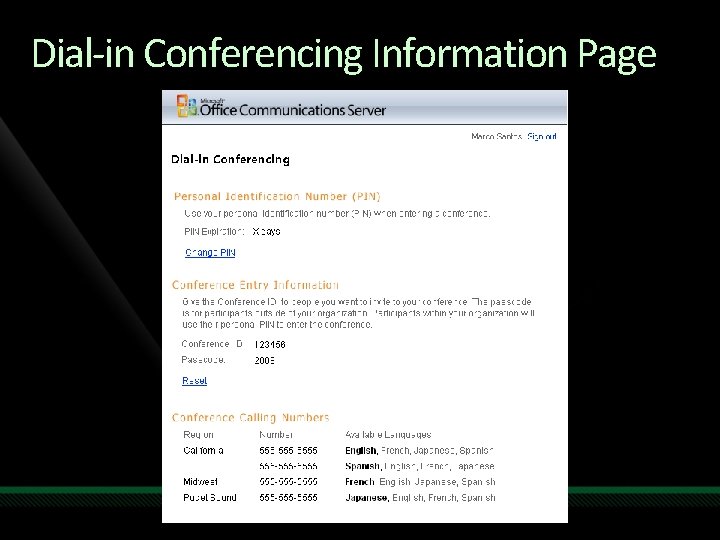 Dial-in Conferencing Information Page 