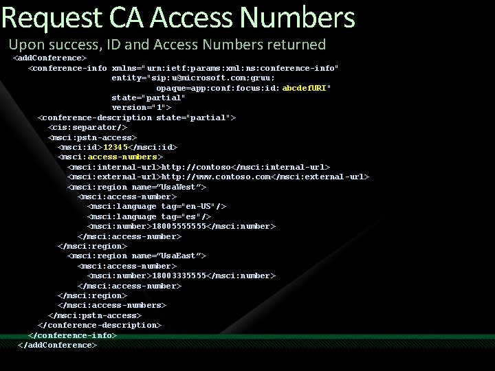Request CA Access Numbers Upon success, ID and Access Numbers returned <add. Conference> <conference-info
