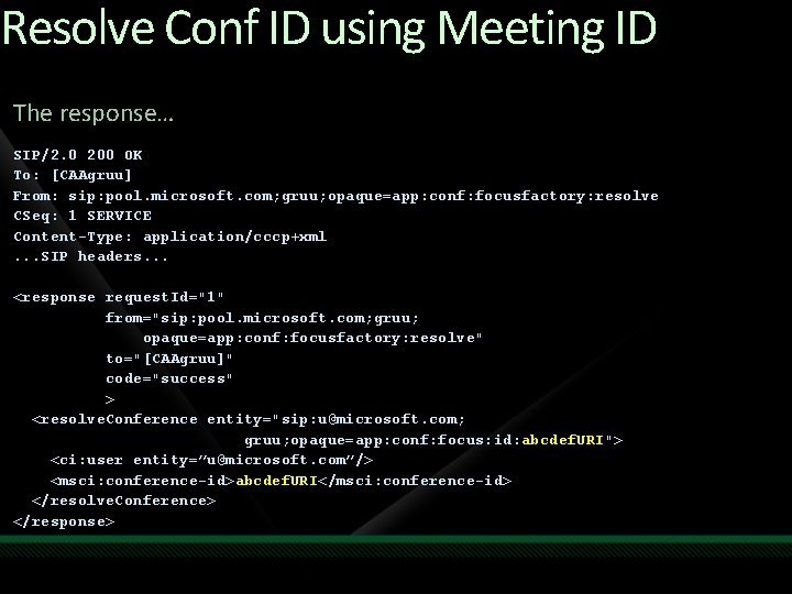 Resolve Conf ID using Meeting ID The response… SIP/2. 0 200 OK To: [CAAgruu]