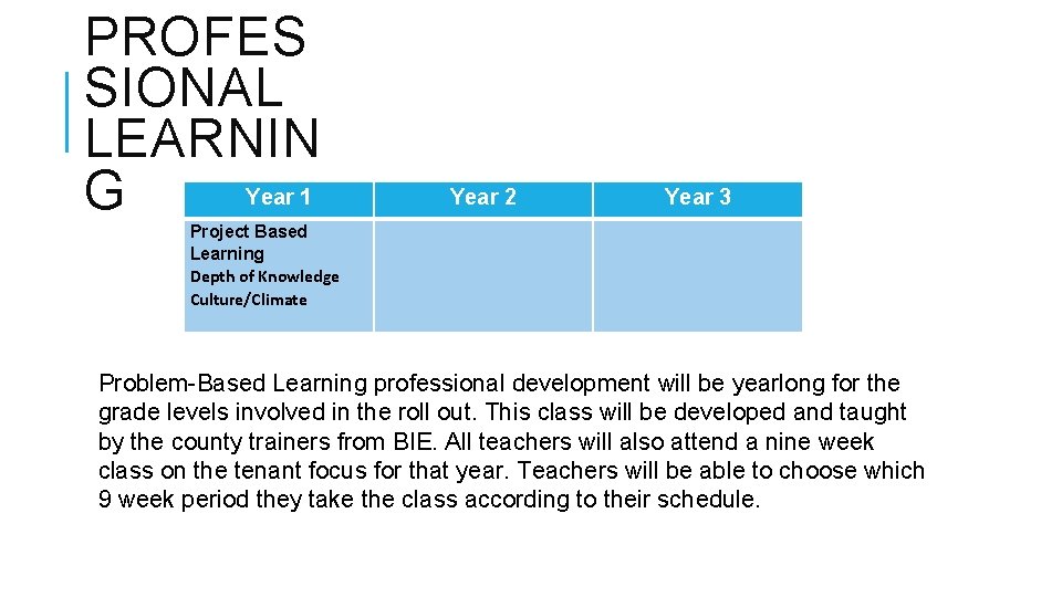 PROFES SIONAL LEARNIN Year 1 G Year 2 Year 3 Project Based Learning Depth