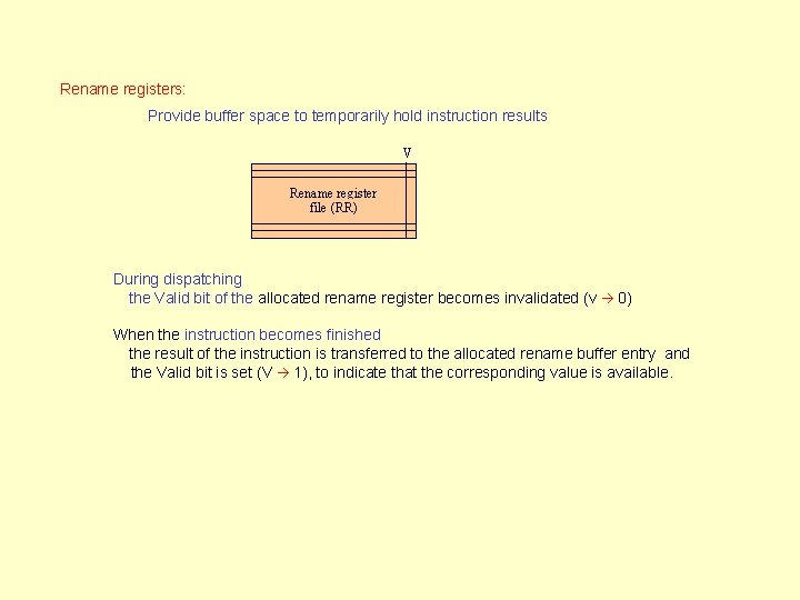 Rename registers: Provide buffer space to temporarily hold instruction results V Rename register file