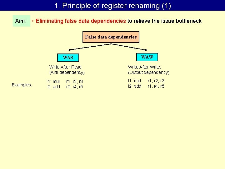 1. Principle of register renaming (1) Aim: • Eliminating false data dependencies to relieve