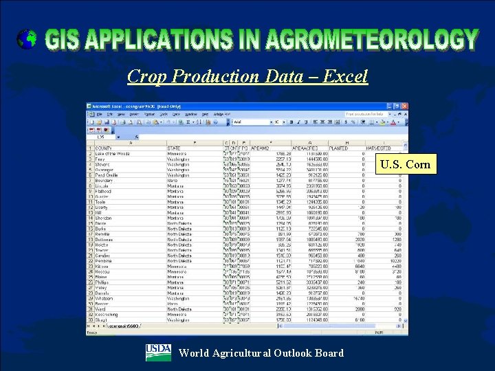 Crop Production Data – Excel U. S. Corn World Agricultural Outlook Board 