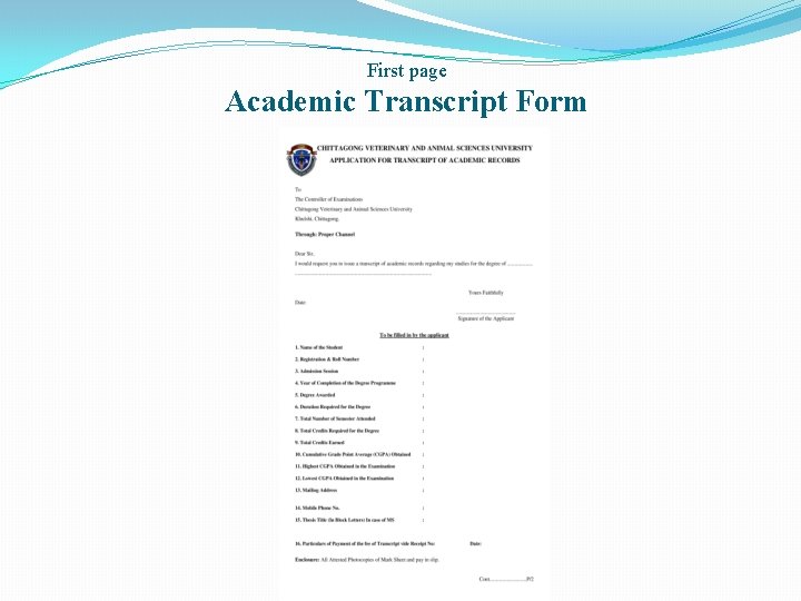 First page Academic Transcript Form 