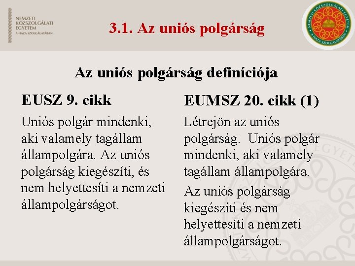 3. 1. Az uniós polgárság definíciója EUSZ 9. cikk EUMSZ 20. cikk (1) Uniós