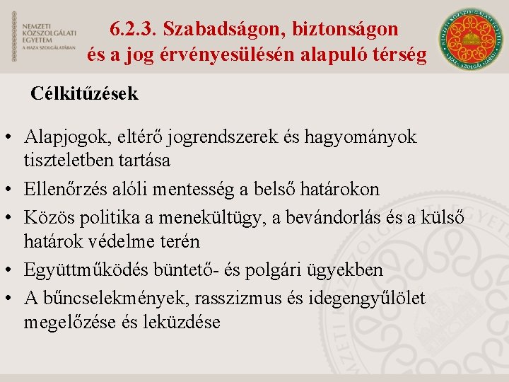 6. 2. 3. Szabadságon, biztonságon és a jog érvényesülésén alapuló térség Célkitűzések • Alapjogok,