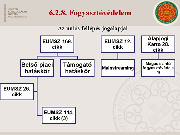 6. 2. 8. Fogyasztóvédelem Az uniós fellépés jogalapjai EUMSZ 169. cikk Belső piaci hatáskör