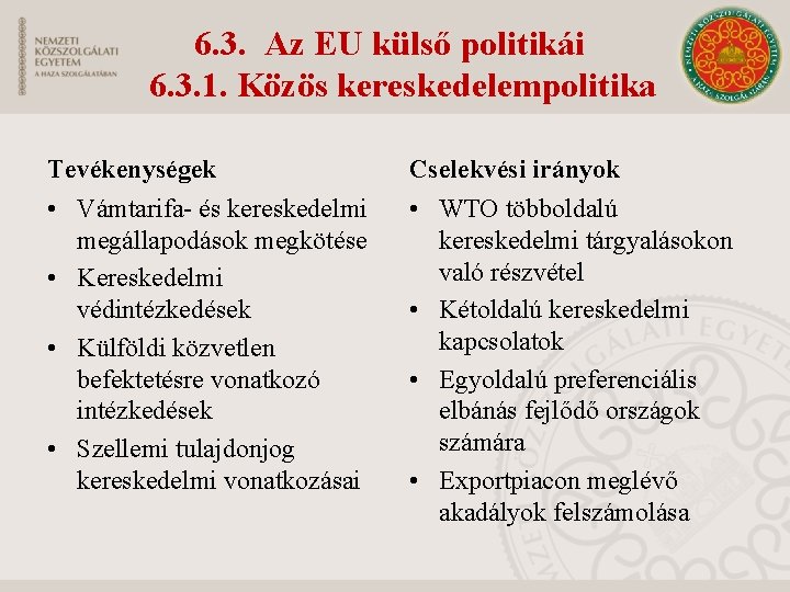 6. 3. Az EU külső politikái 6. 3. 1. Közös kereskedelempolitika Tevékenységek Cselekvési irányok