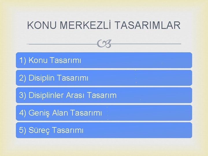 KONU MERKEZLİ TASARIMLAR 1) Konu Tasarımı 2) Disiplin Tasarımı 3) Disiplinler Arası Tasarım 4)