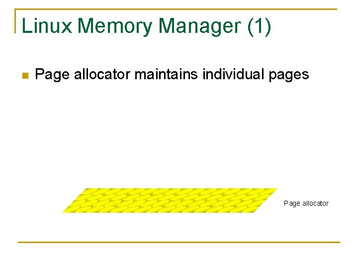 Linux Memory Manager (1) n Page allocator maintains individual pages Page allocator 