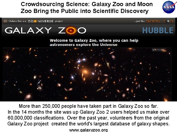 Crowdsourcing Science: Galaxy Zoo and Moon Zoo Bring the Public into Scientific Discovery More