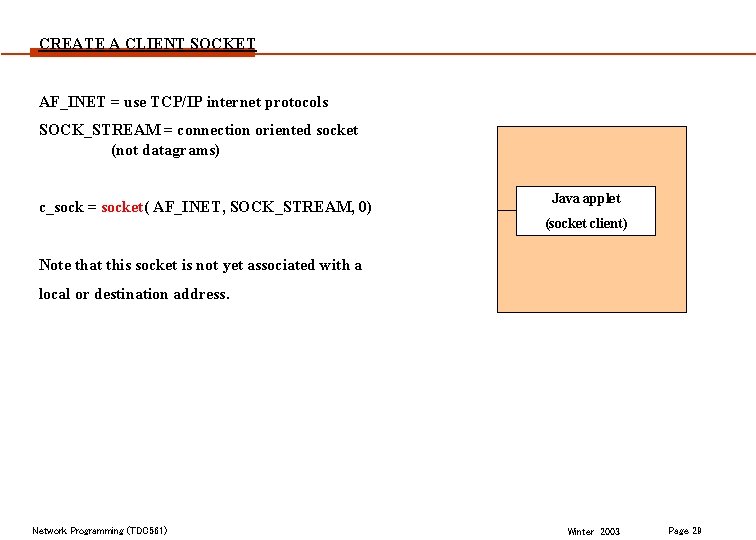 CREATE A CLIENT SOCKET AF_INET = use TCP/IP internet protocols SOCK_STREAM = connection oriented