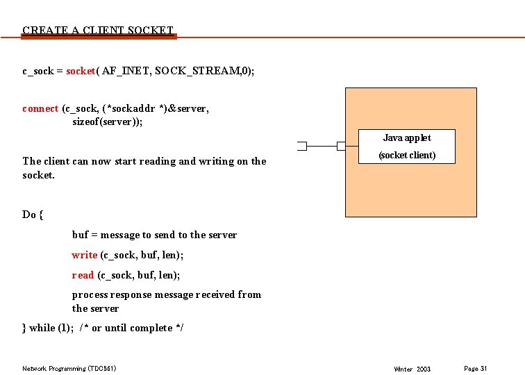 CREATE A CLIENT SOCKET c_sock = socket( AF_INET, SOCK_STREAM, 0); connect (c_sock, (*sockaddr *)&server,