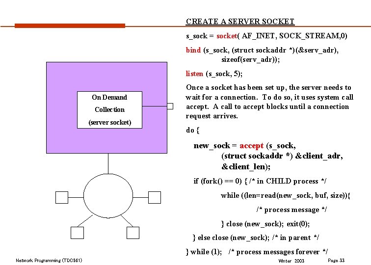 CREATE A SERVER SOCKET s_sock = socket( AF_INET, SOCK_STREAM, 0) bind (s_sock, (struct sockaddr