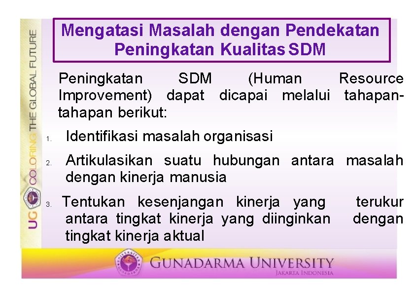 Mengatasi Masalah dengan Pendekatan Peningkatan Kualitas SDM Peningkatan SDM (Human Resource Improvement) dapat dicapai