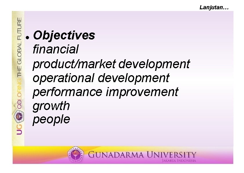 Lanjutan… Objectives financial product/market development operational development performance improvement growth people 