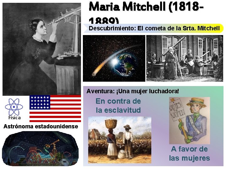 Maria Mitchell (18181889) Descubrimiento: El cometa de la Srta. Mitchell Aventura: ¡Una mujer luchadora!