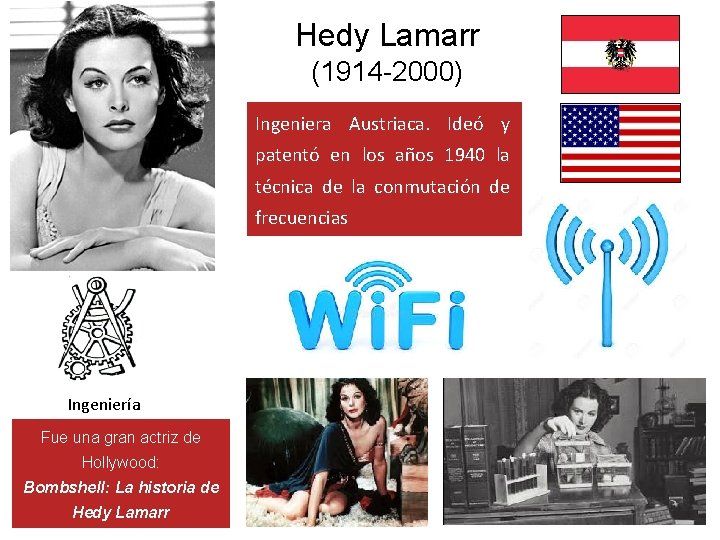 Hedy Lamarr (1914 -2000) Ingeniera Austriaca. Ideó y patentó en los años 1940 la