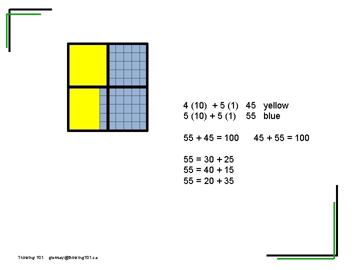 4 (10) + 5 (1) 45 yellow 5 (10) + 5 (1) 55 blue