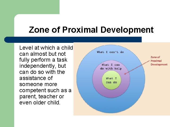 Zone of Proximal Development Level at which a child can almost but not fully