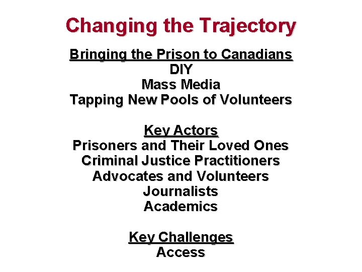 Changing the Trajectory Bringing the Prison to Canadians DIY Mass Media Tapping New Pools
