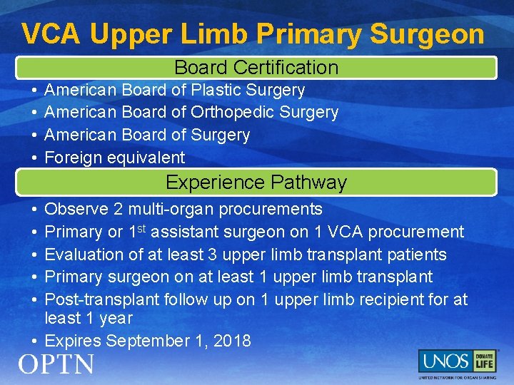 VCA Upper Limb Primary Surgeon Board Certification • • American Board of Plastic Surgery