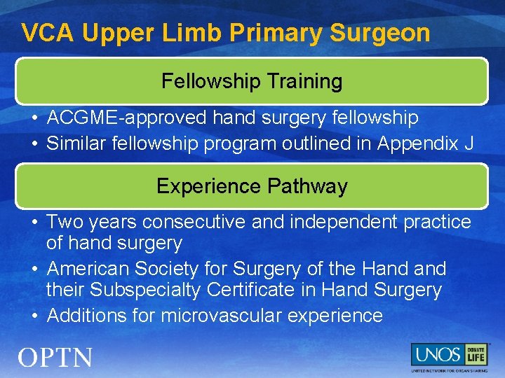 VCA Upper Limb Primary Surgeon Fellowship Training • ACGME-approved hand surgery fellowship • Similar