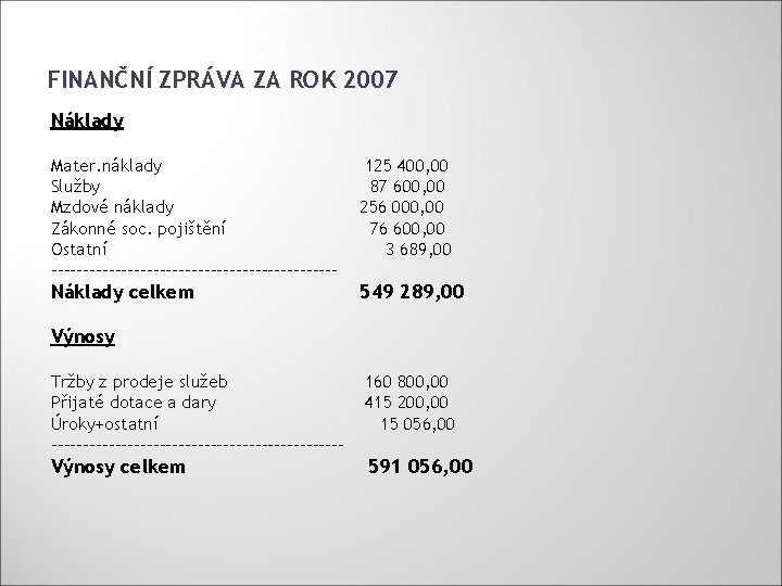 FINANČNÍ ZPRÁVA ZA ROK 2007 Náklady Mater. náklady Služby Mzdové náklady Zákonné soc. pojištění