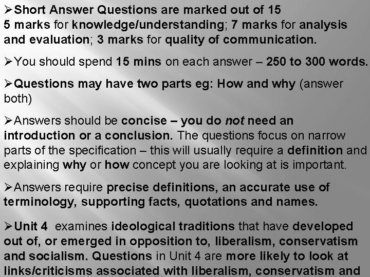 ØShort Answer Questions are marked out of 15 5 marks for knowledge/understanding; 7 marks ØShort Answer Questions are marked out of 15 5 marks for knowledge/understanding; 7 marks