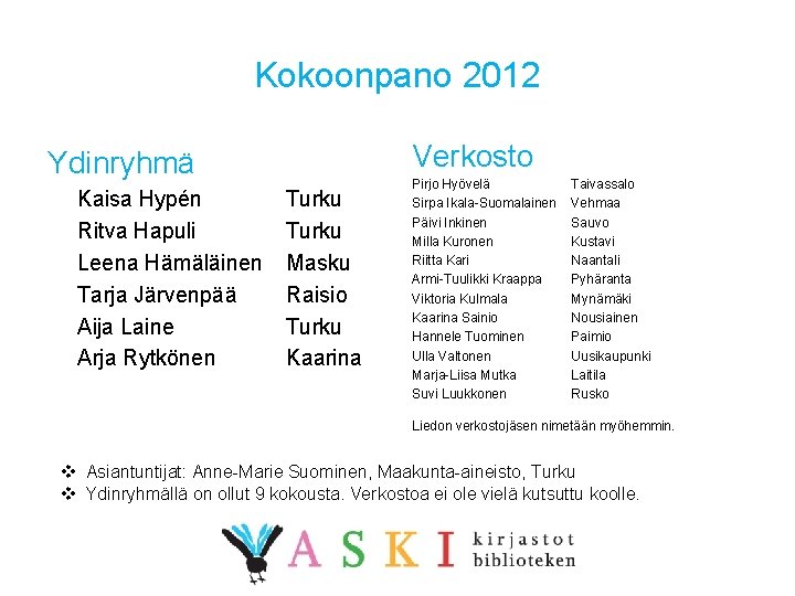 Kokoonpano 2012 Verkosto Ydinryhmä Kaisa Hypén Ritva Hapuli Leena Hämäläinen Tarja Järvenpää Aija Laine