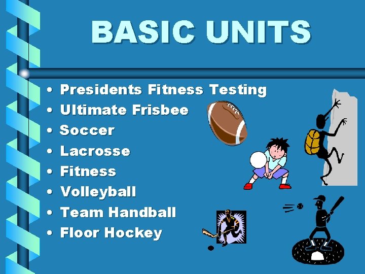 BASIC UNITS • • Presidents Fitness Testing Ultimate Frisbee Soccer Lacrosse Fitness Volleyball Team