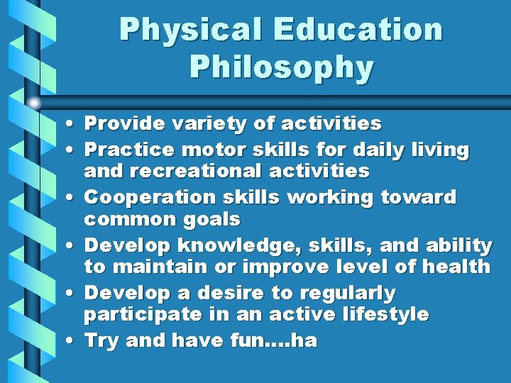 Physical Education Philosophy • Provide variety of activities • Practice motor skills for daily