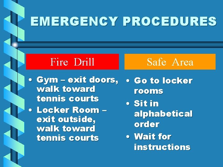 EMERGENCY PROCEDURES Fire Drill • Gym – exit doors, walk toward tennis courts •
